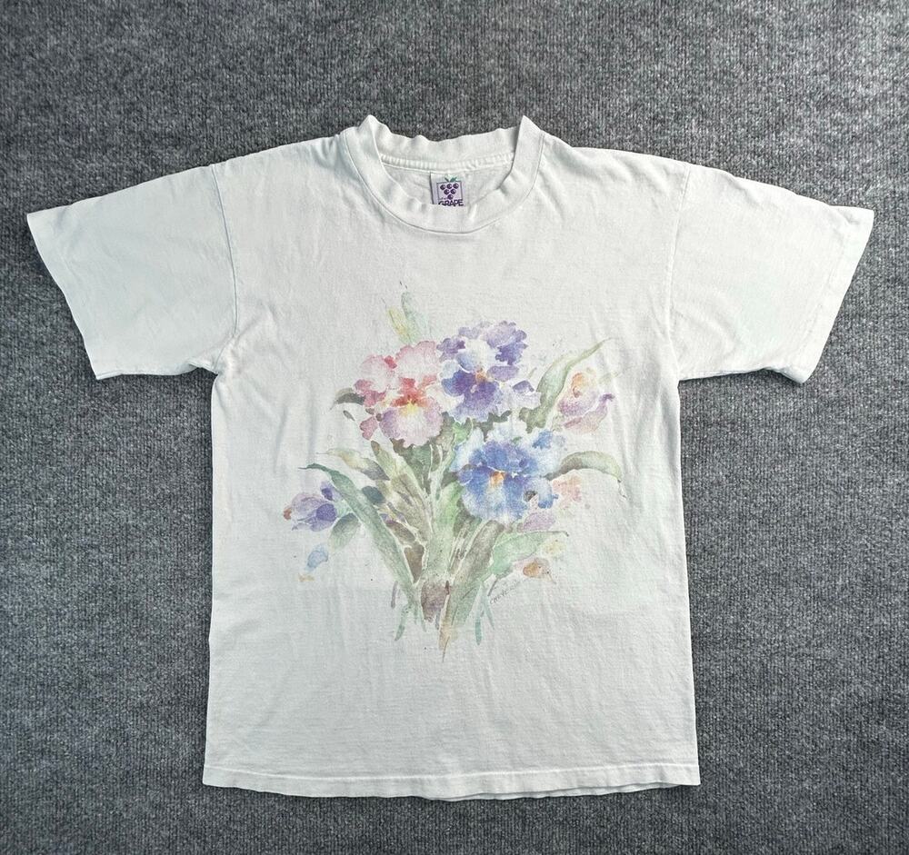 Vintage Single Stitch Anvil Soft As A Grape Floral Watercolor Tee Medium